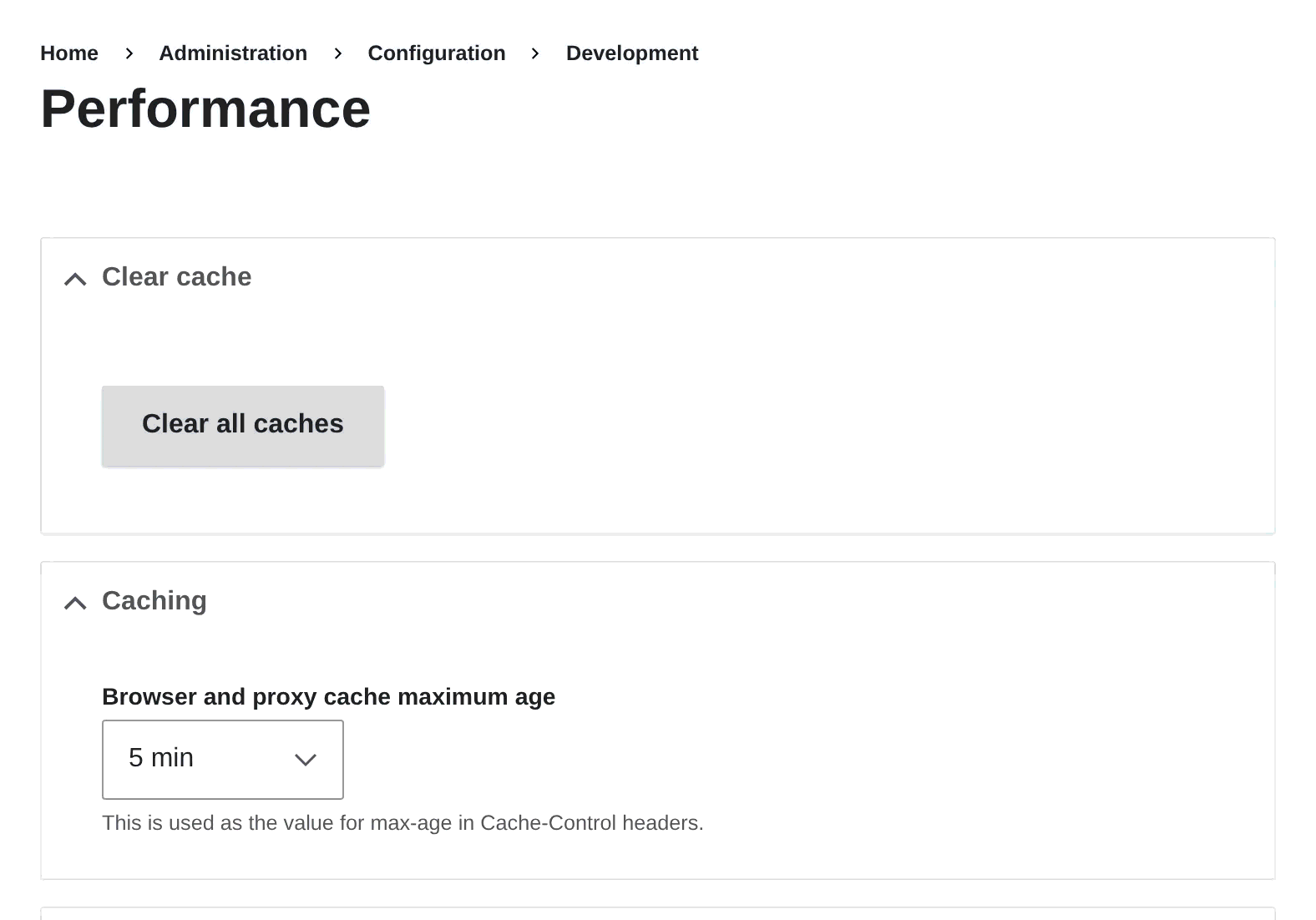 Drupal 11's Performance page under Administration, Configuration, Development, with the Caching section open and Browser and proxy cache maximum age set to 5 min, above Drupal's note that the value is used as max-age in Cache-Control headers.