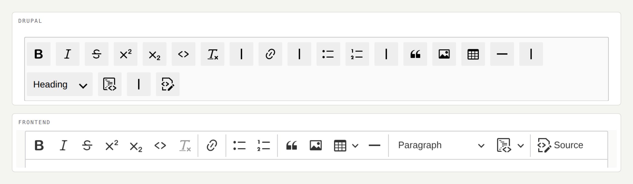 Two toolbars stacked, each labelled with one word. Above, labelled Drupal: the buttons sit in grey tiles and the separators are tiles of their own. Below, labelled Frontend: the same buttons in the same order in a plain row with thin dividers. In both, reading left to right: bold, italic, strikethrough, superscript, subscript, code, remove format, link, bulleted list, numbered list, block quote, image, table, horizontal line, a heading dropdown, code block and source editing.