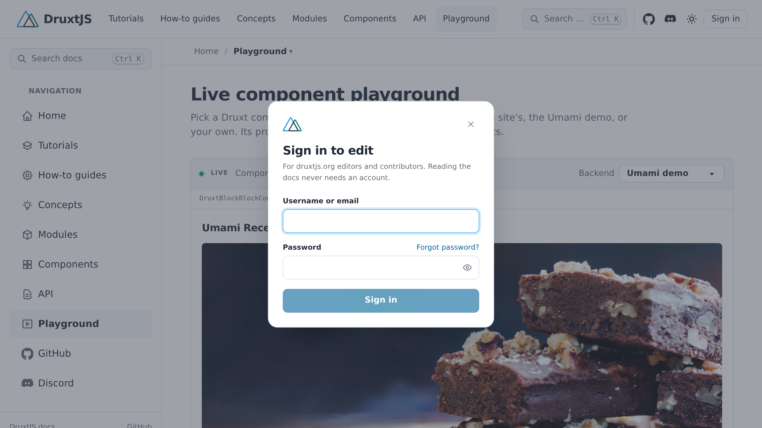 The druxtjs.org playground rendering an Umami recipe block, with a Sign in to edit dialog open over it