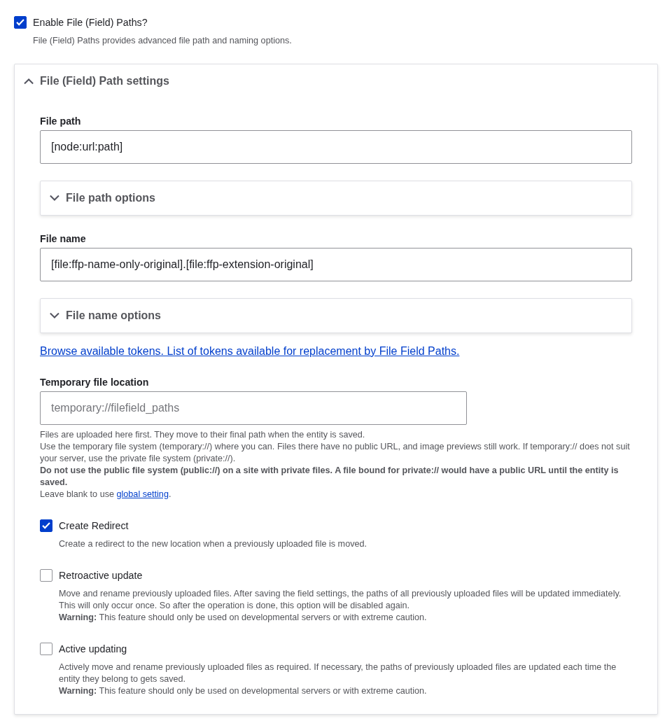 The File (Field) Paths section of an image field's settings form, showing a file path and file name built from node tokens