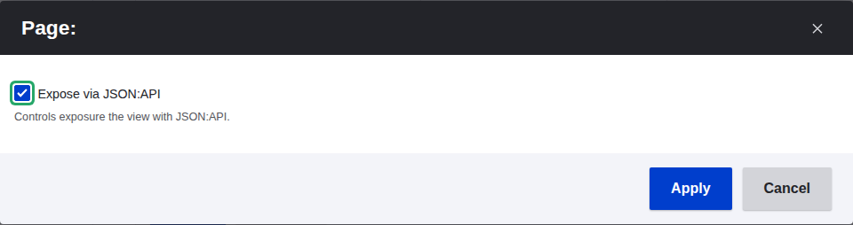 The 'Expose via JSON:API' checkbox on a view display's settings, checked by default, with the description 'Controls exposure the view with JSON:API.'