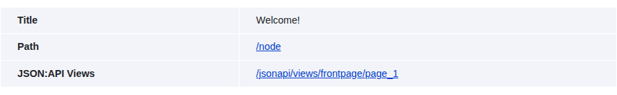 The Views UI preview panel's query info table, showing Title, Path, and a JSON:API Views row linking to /jsonapi/views/frontpage/page_1