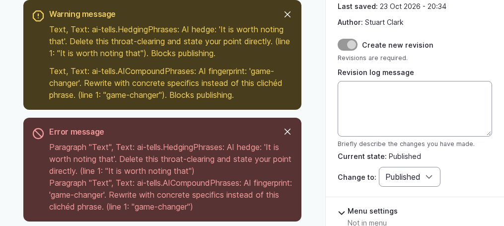 A Drupal edit form after a refused save. Two warnings ending "Blocks publishing" sit above an error that names the ai-tells HedgingPhrases and AICompoundPhrases rules, the line and the matched text.