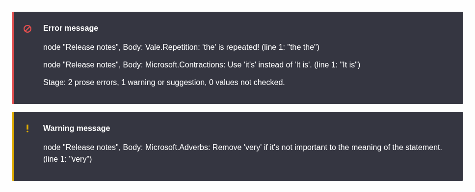 Two Drupal messages after a refused workspace publish. The error lists a Vale.Repetition and a Microsoft.Contractions finding on the body of a node called Release notes, then a summary: Stage, 2 prose errors, 1 warning or suggestion. A warning below lists a Microsoft.Adverbs finding.